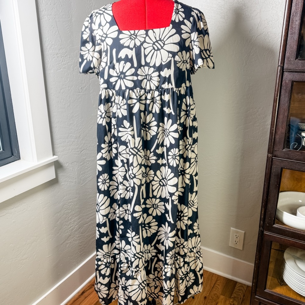 Mikarose Black & Ivory Floral Square Neck Empire Waist Maxi Dress Size S